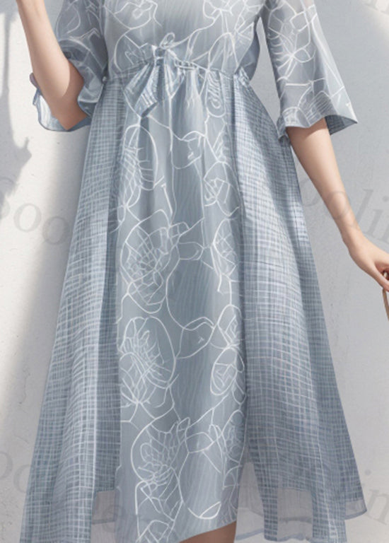 Loose Light Blue O Neck Print Wrinkled Silk Dress Summer