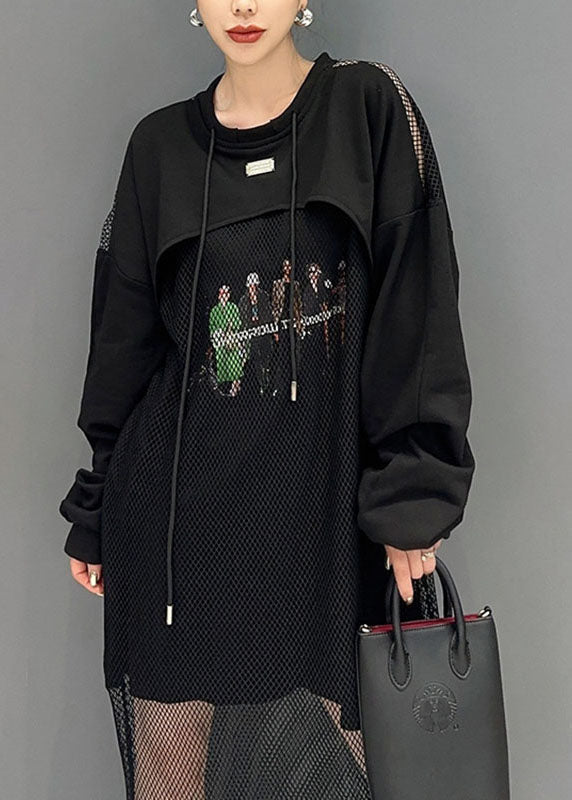 Style Black O-neck Print Tulle Patchwork Fake Two Pieces Long Dresses Fall