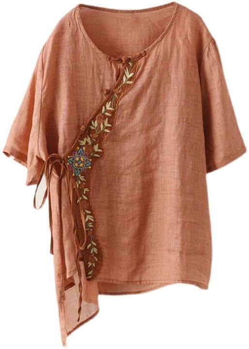 Orange Ramie Lace-up Embroidered Irregular T-shirt