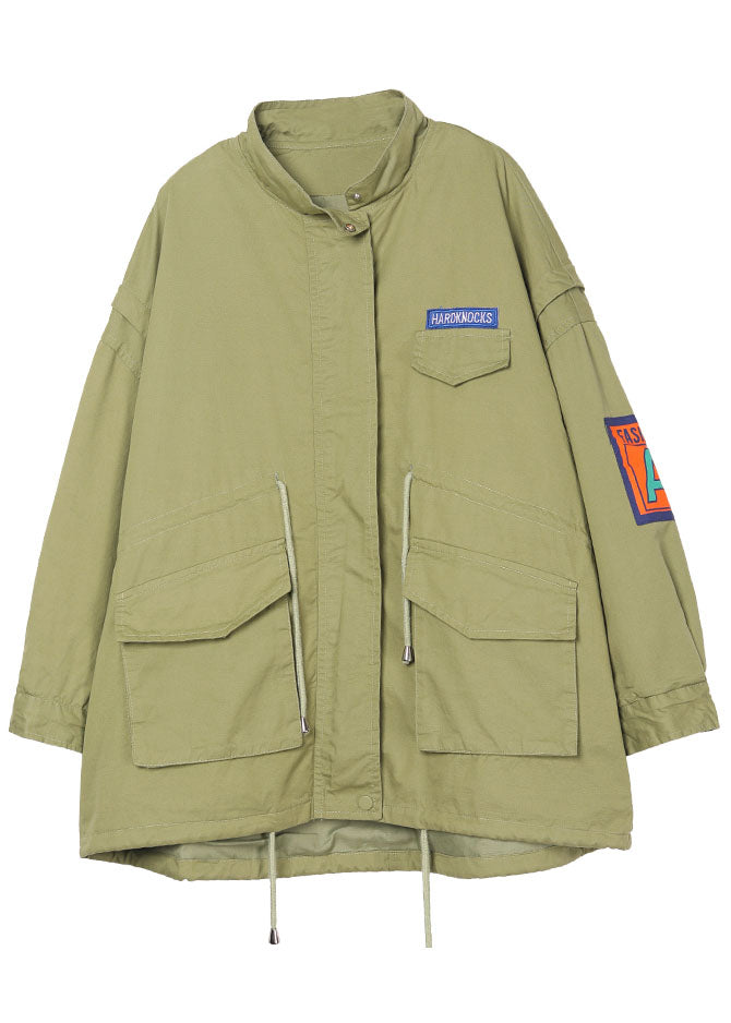 Organic Light Green Loose Zippered Pockets Fall Tie Waist Long Sleeve Coat