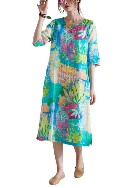 Comfy Blue O-neck Patchwork Print Summer Ramie Party Dress