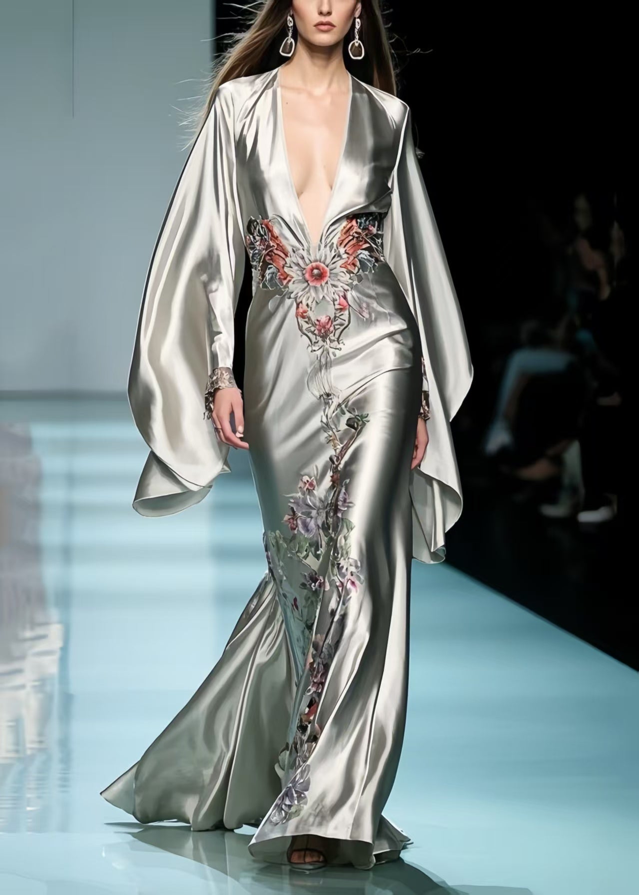 Original Design Grey Deep-v Neck Print Silk Party Dresses Batwing Sleeve Spring