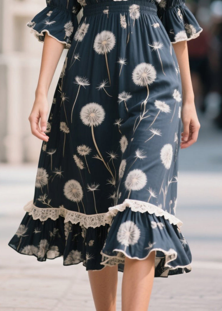 Navy V Neck Patchwork Print Chiffon Long Dresses Summer