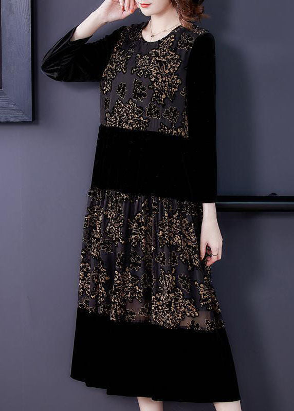 Black Embroideried Tulle Patchwork Silk Velour Dresses Spring