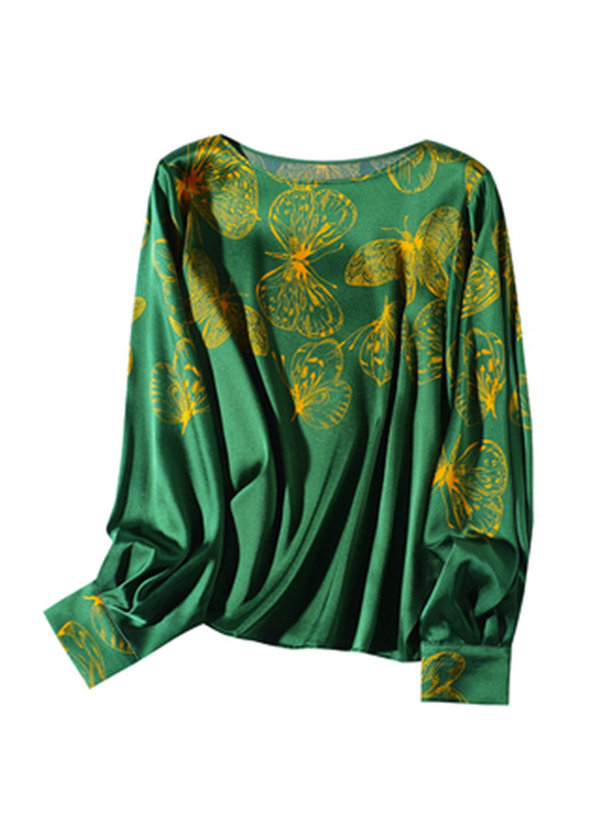 Green O-neck Butterfly Print Silk Tops Long Sleeve