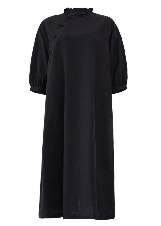 Black Pockets Button Summer Linen Maxi Dresses Half Sleeve