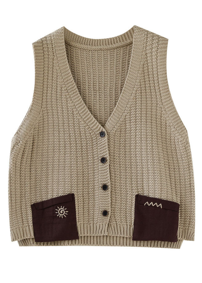 Khaki Oversized Patchwork Pockets Knit Vest Sleeveless
