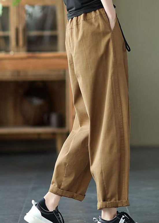Dark Khaki Pockets Patchwork Cotton Pants Summer