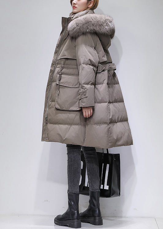 Boutique Beige Fur Collar Hooded Drawstring Cotton Blend Coat Winter