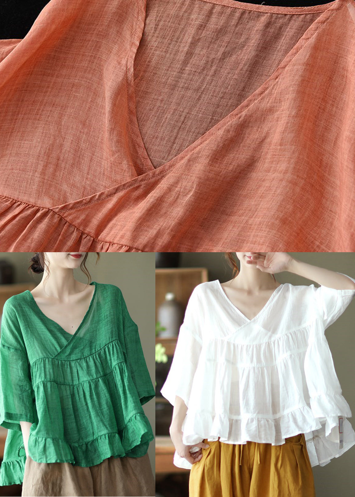 Orange Loose Linen Shirt Tops Half Sleeve