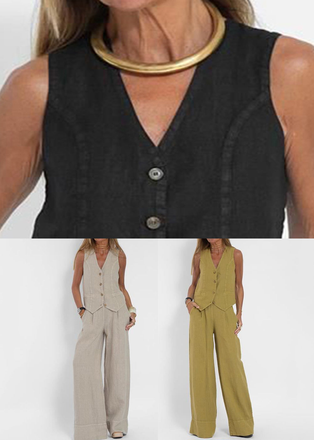 Simple Black Button Waistcoat and Pants Linen Two Pieces Set Summer