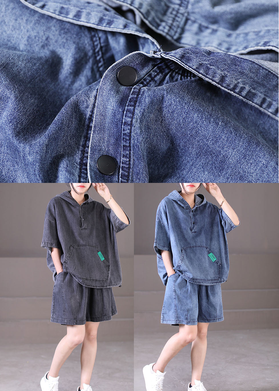 Dark Grey Hooded Elastic Waist Pockets Cotton Denim Two Piece Set Outfits Summer