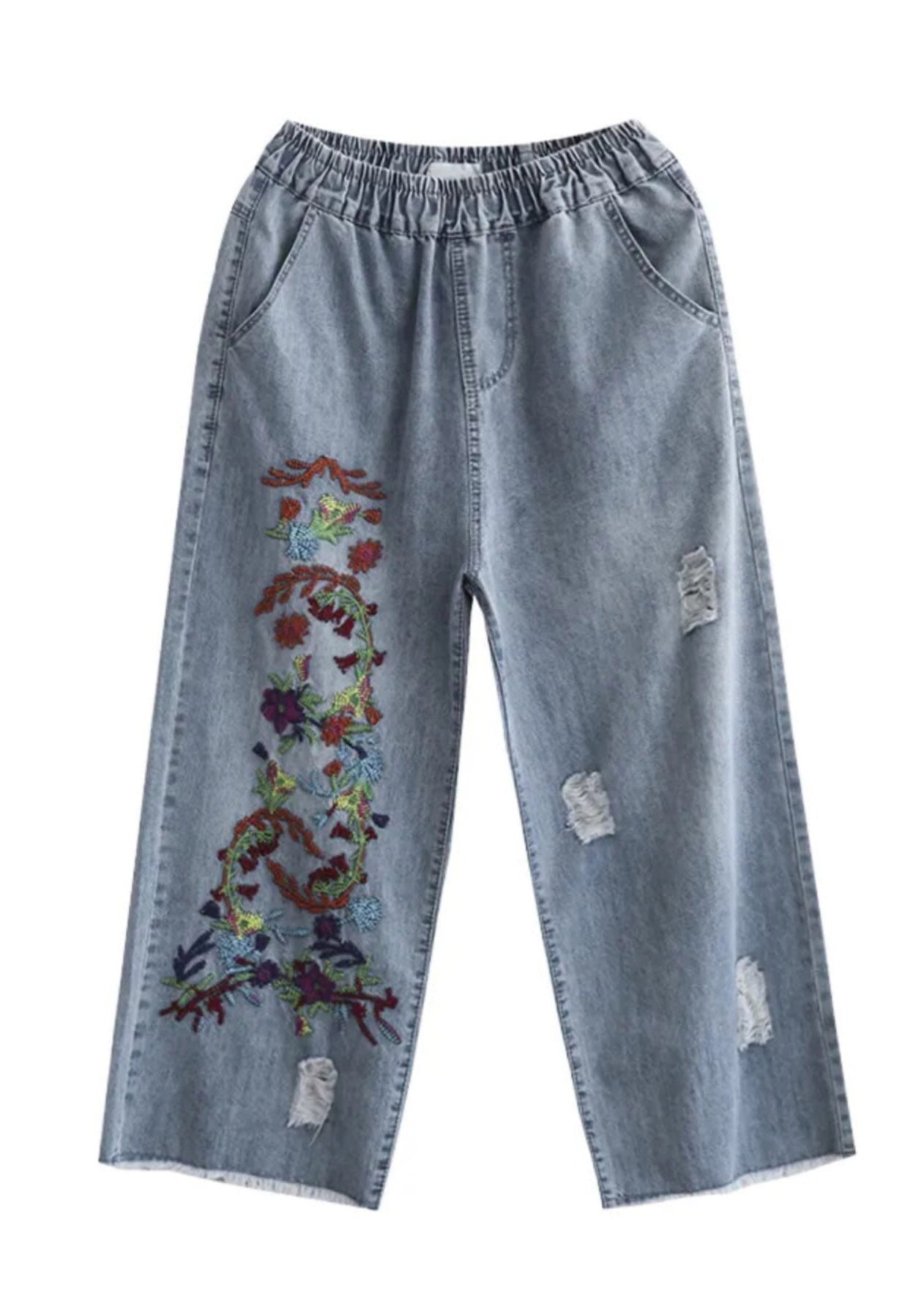 Light Blue Embroidered Pockets Patchwork Crop Jeans Summer