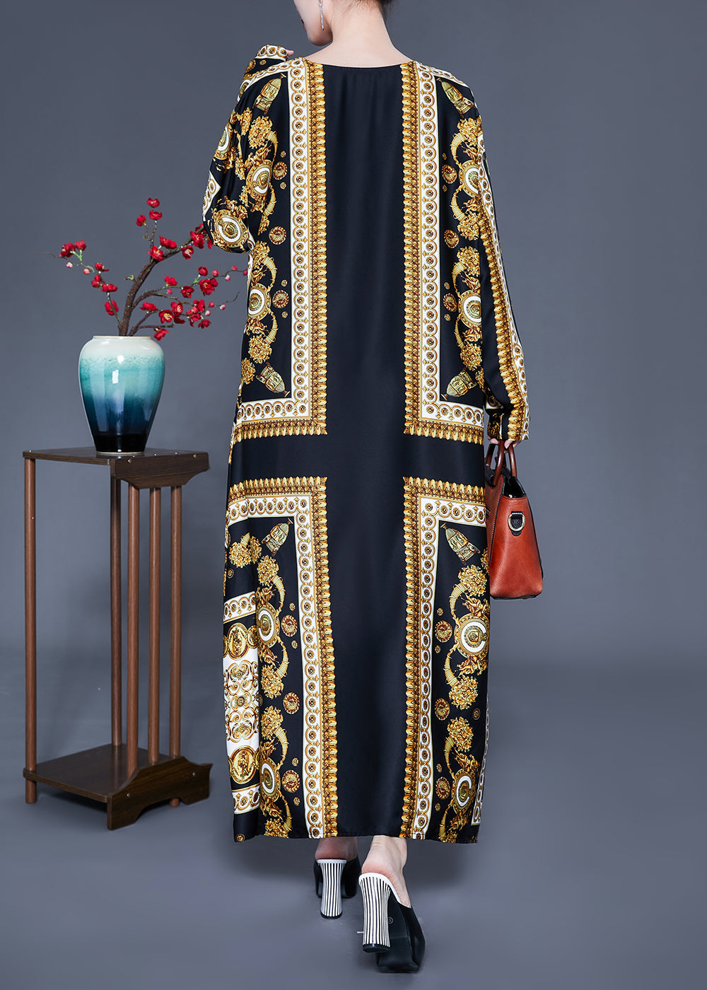 Black V Neck Oversized Print Silk Ankle Dress Spring