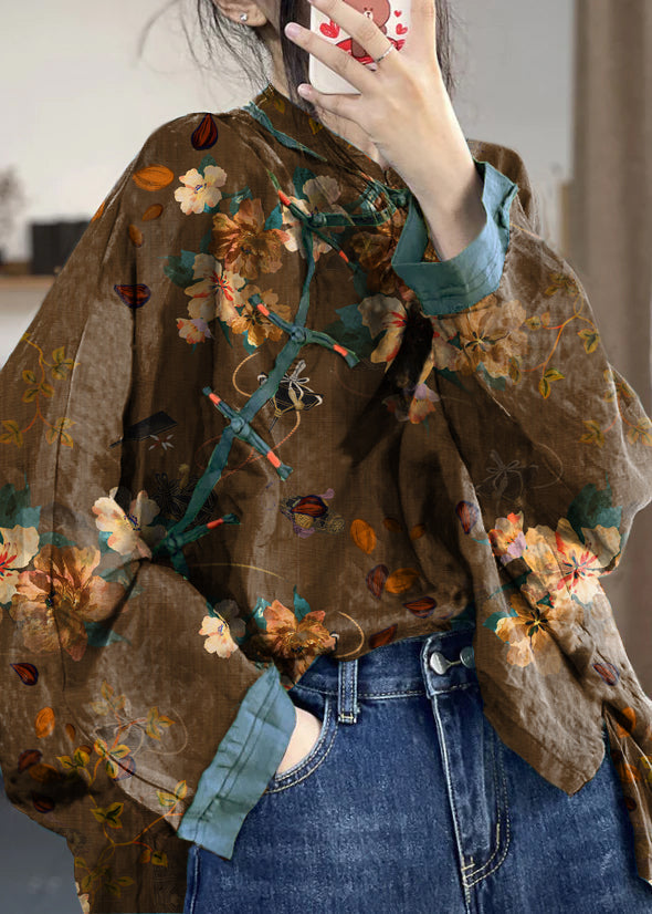 Loose Gray Bamboo Button Print Patchwork Cotton Shirts Long Sleeve