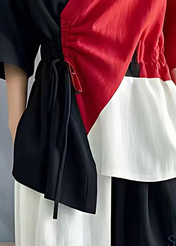 Boutique Colorblock Asymmetrical Patchwork Cinched Linen Tops Summer
