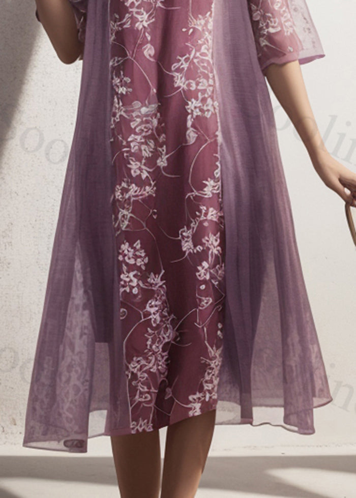 French Purple Print Patchwork Silk Holiday Dress Summer