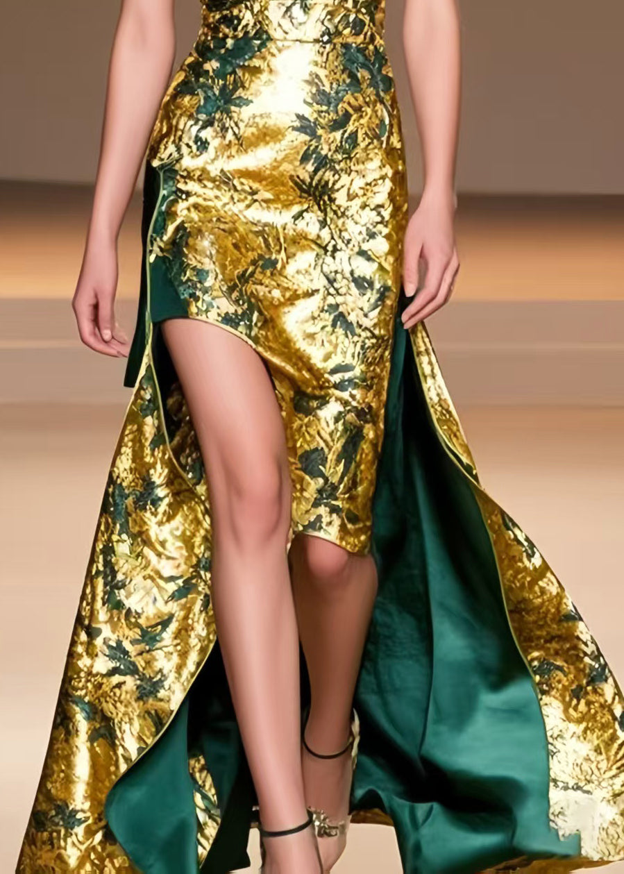 Golden Jacquard Low High Design Silk Vestidos Dress Summer