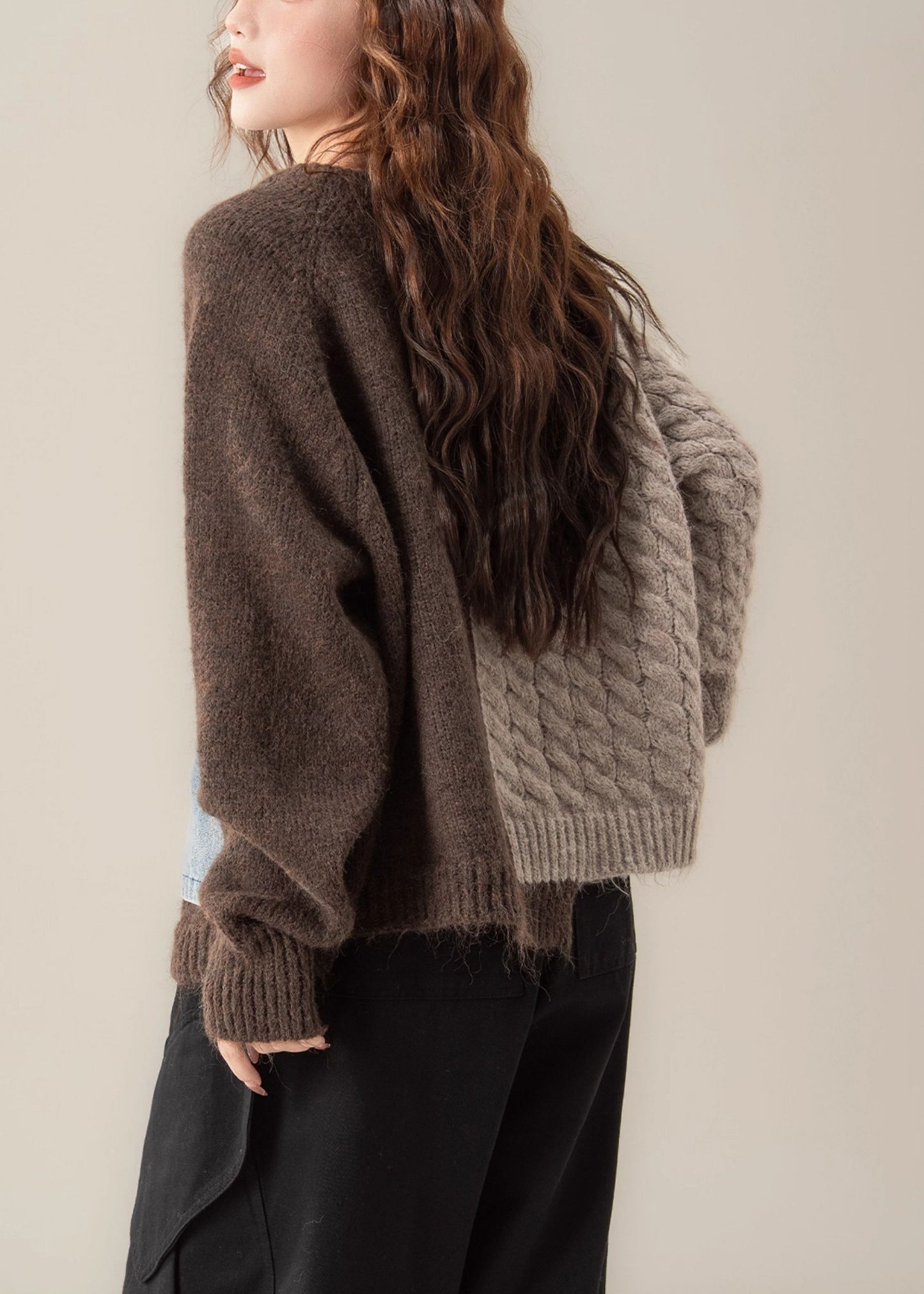 Coffee Asymmetrical Zip Up Patchwork Knit Sweater