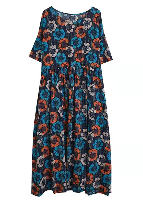 Blue O-neck Print Summer Party Dress Half Sleeve