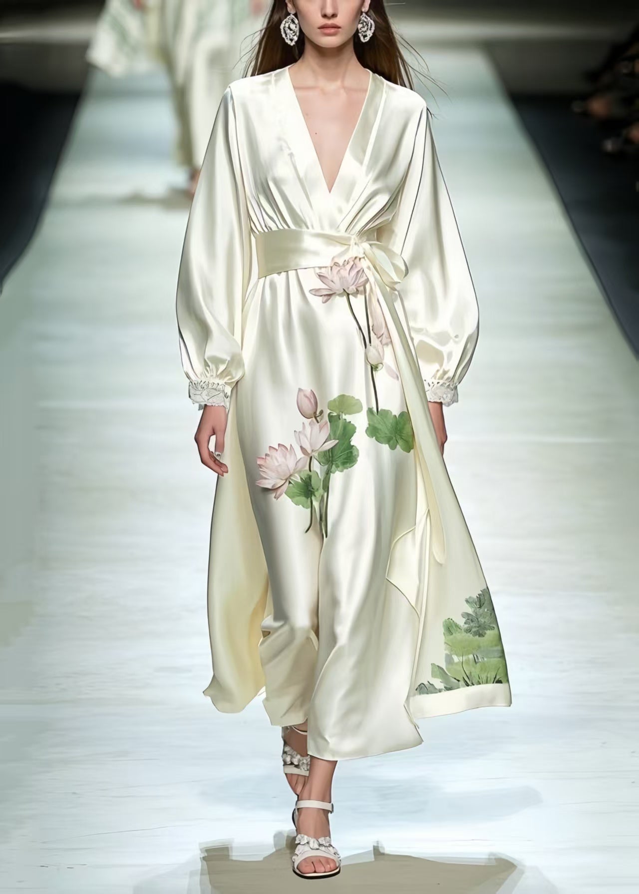 Milk White Tunic Lotus Flower Print Silk Dresses Spring