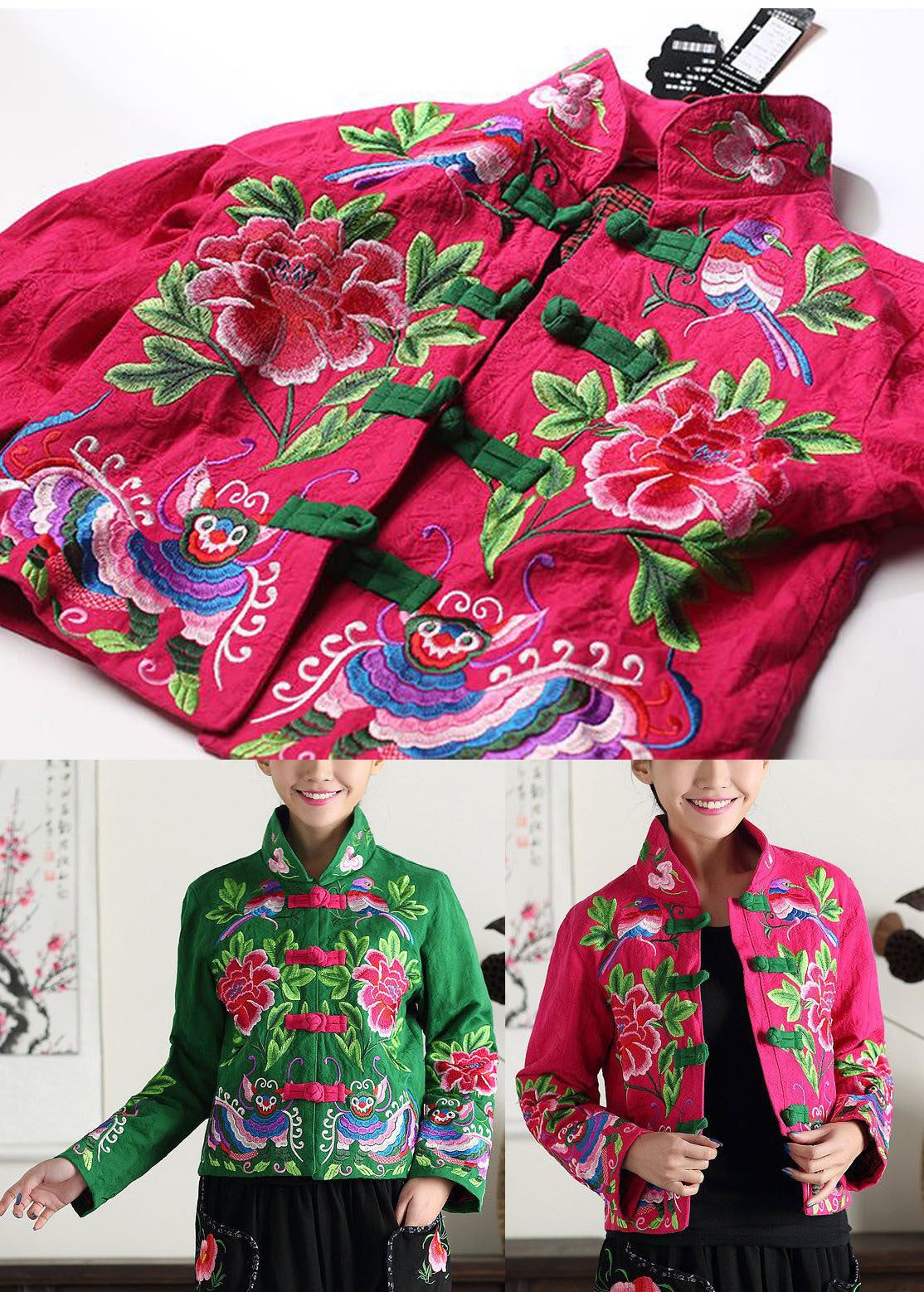 Green Stand Collar Embroideried Cotton Jacket Fall