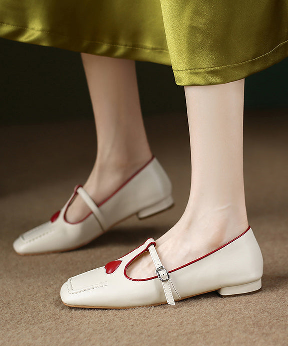 Beige Heart Cowhide Leather Flat Feet Shoes Versatile