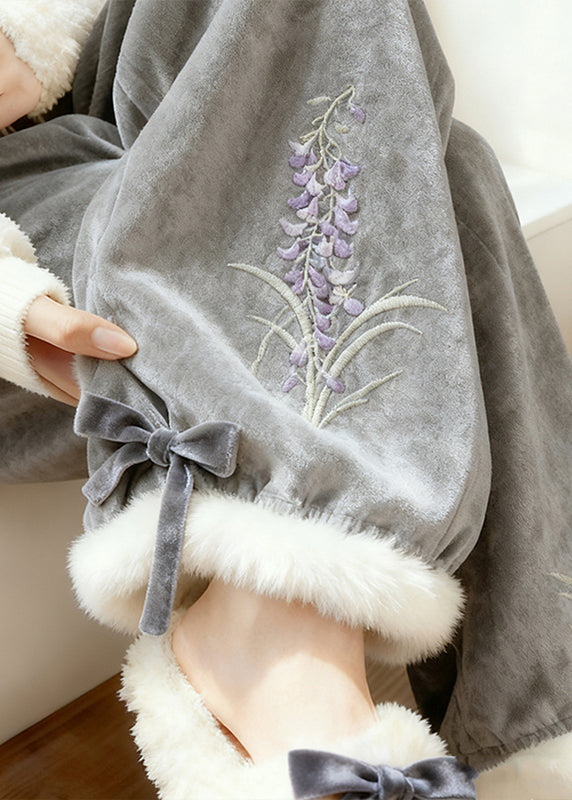 Grey Embroidered Warm Fleece Silk Velvet Pants Spring