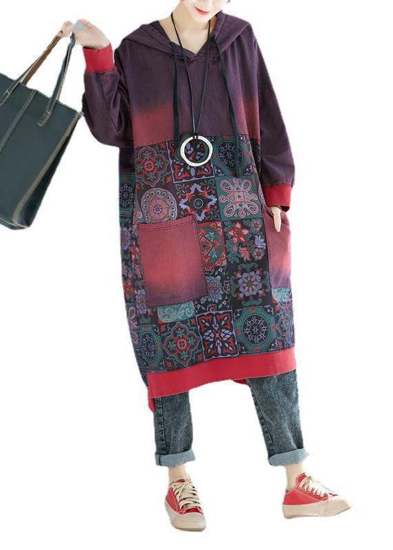 Mulberry Hooded Pockets Patchwork Print Fall Sweatshirts Dress