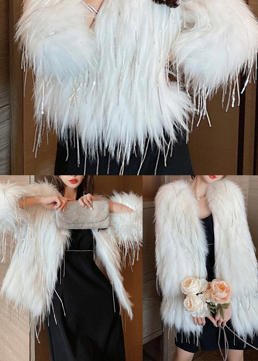 White Tasseled Faux Fur Coats Winter