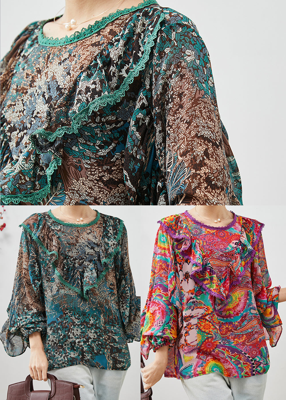 Green Ruffled Print Chiffon Tops Lantern Sleeve