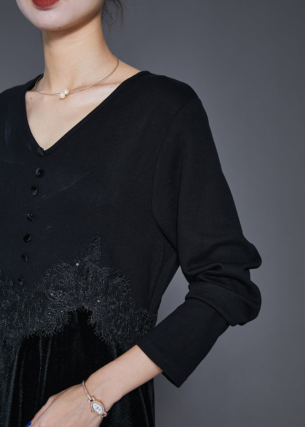 Black V Neck Patchwork Silk Velour Maxi Dresses Fall