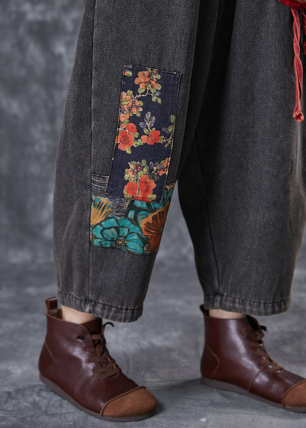 Black Oversized Patchwork Applique Denim Pants Summer