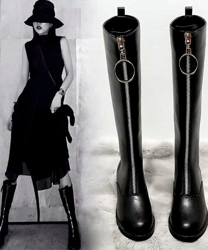 Black Zippered Cowhide Leather Knee Boots