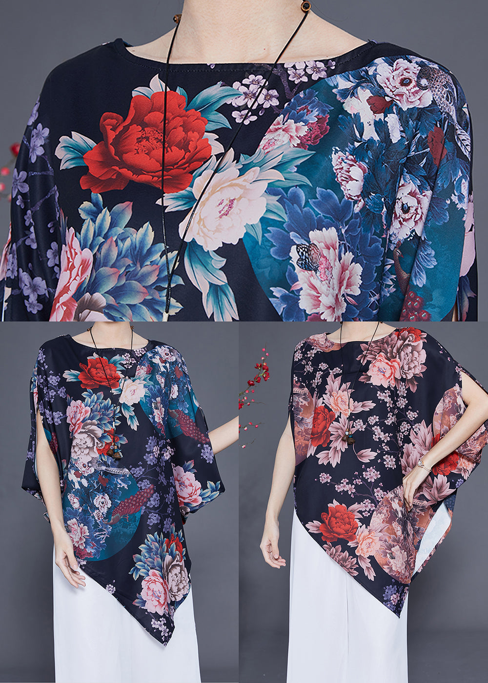 Black Asymmetrical Design Print Silk Top Summer