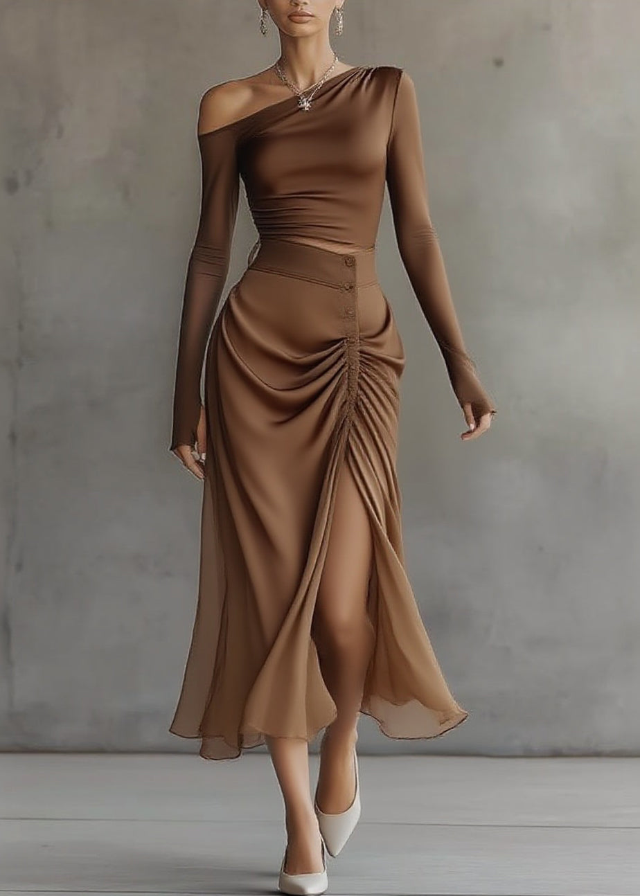 French Brown Asymmetrical Top and Maxi Skirts Two Pieces Set Spring