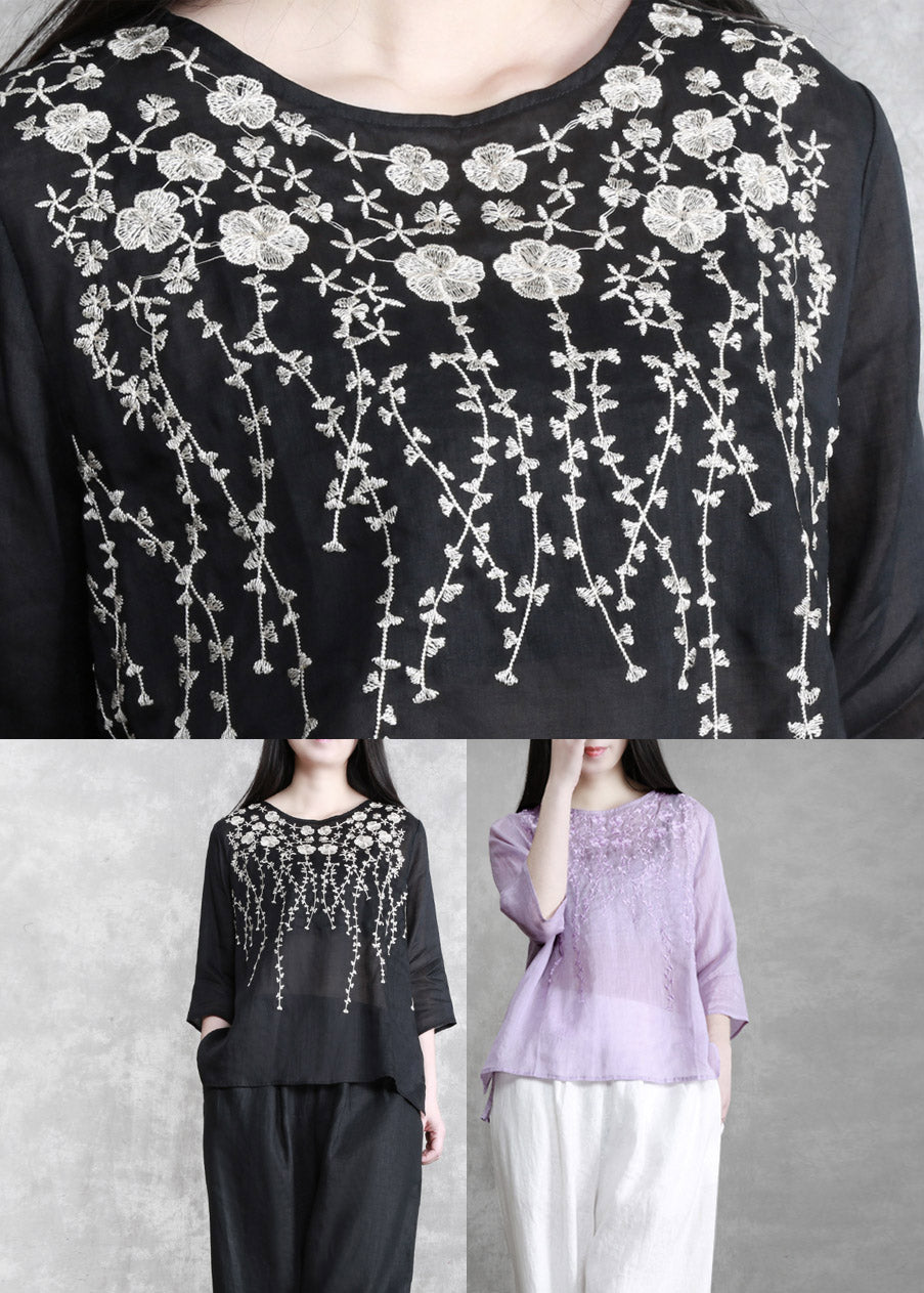 Boutique Violet O-neck Embroideried Linen Shirts Long Sleeve
