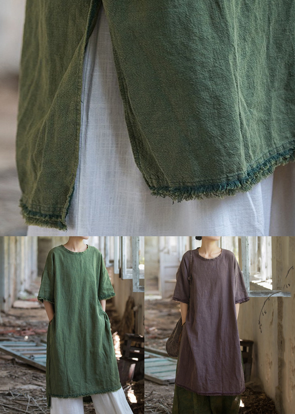 Purple Side Open Linen T Shirt Dresses Summer