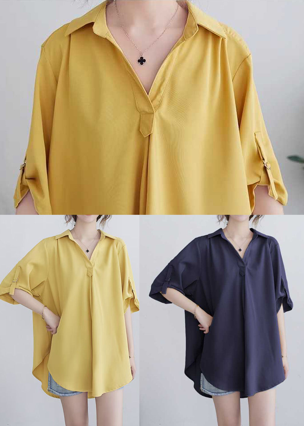 Navy Loose Cotton Tops Peter Pan Collar Summer