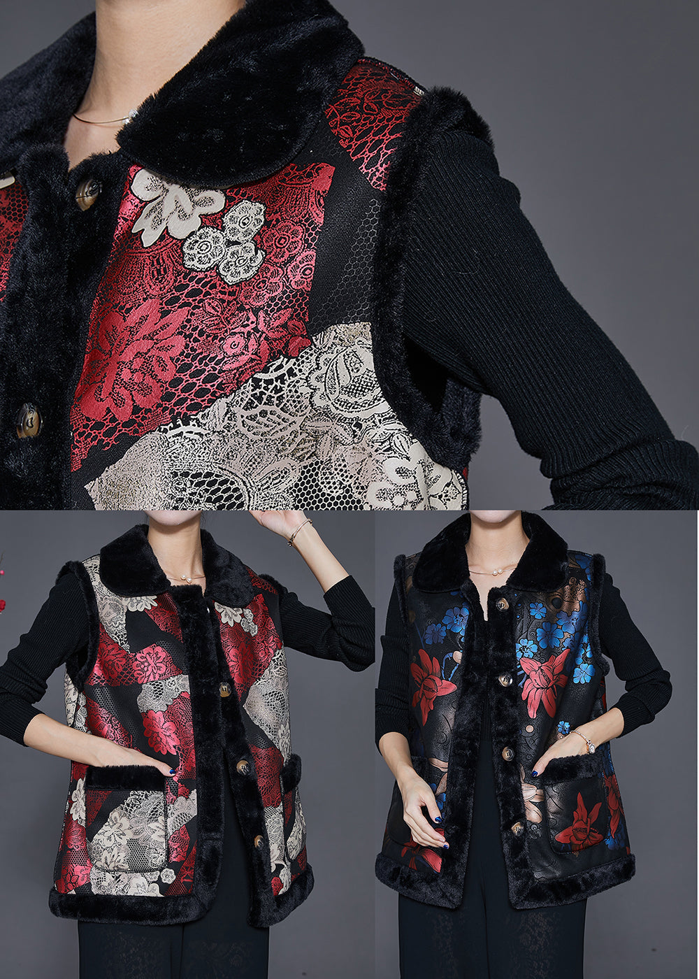 Red Print Thick Fine Cotton Filled Vests Winter