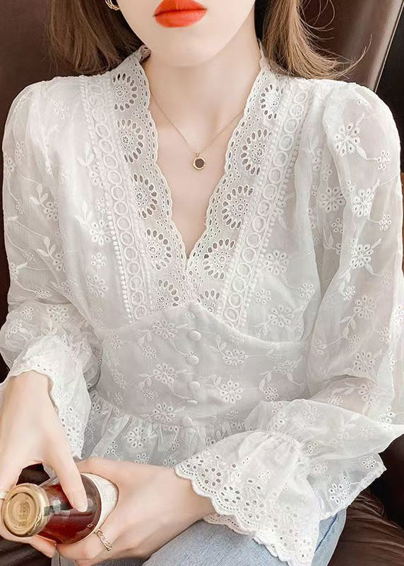 White Embroidered Hollow Out Cotton Blouses Spring