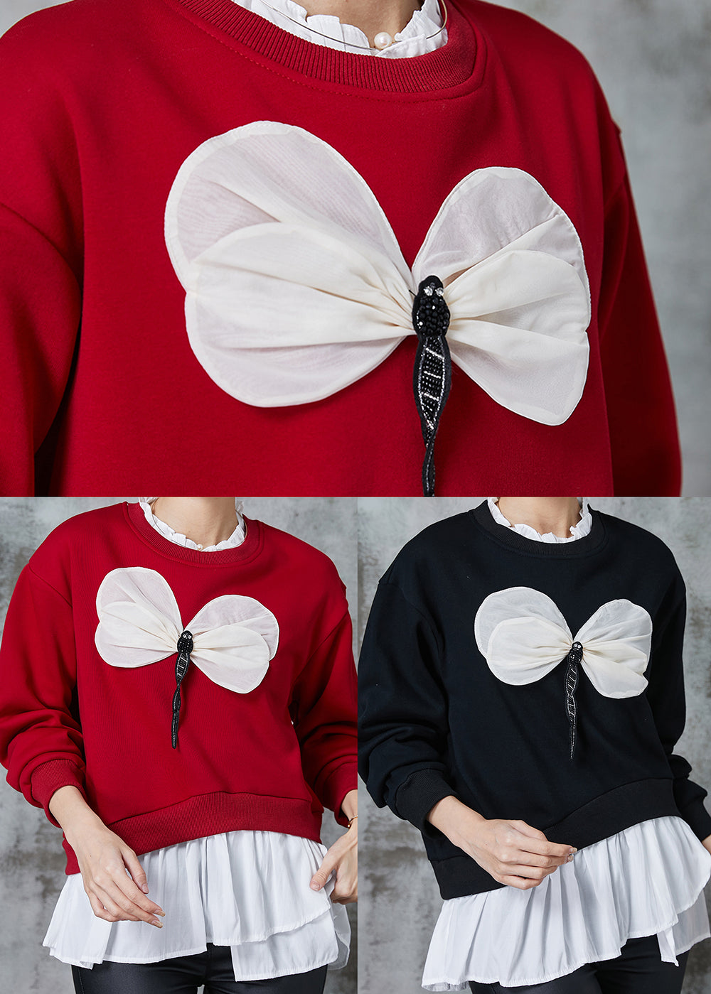 Red Patchwork Dragonfly Cotton Sweatshirts Top Spring