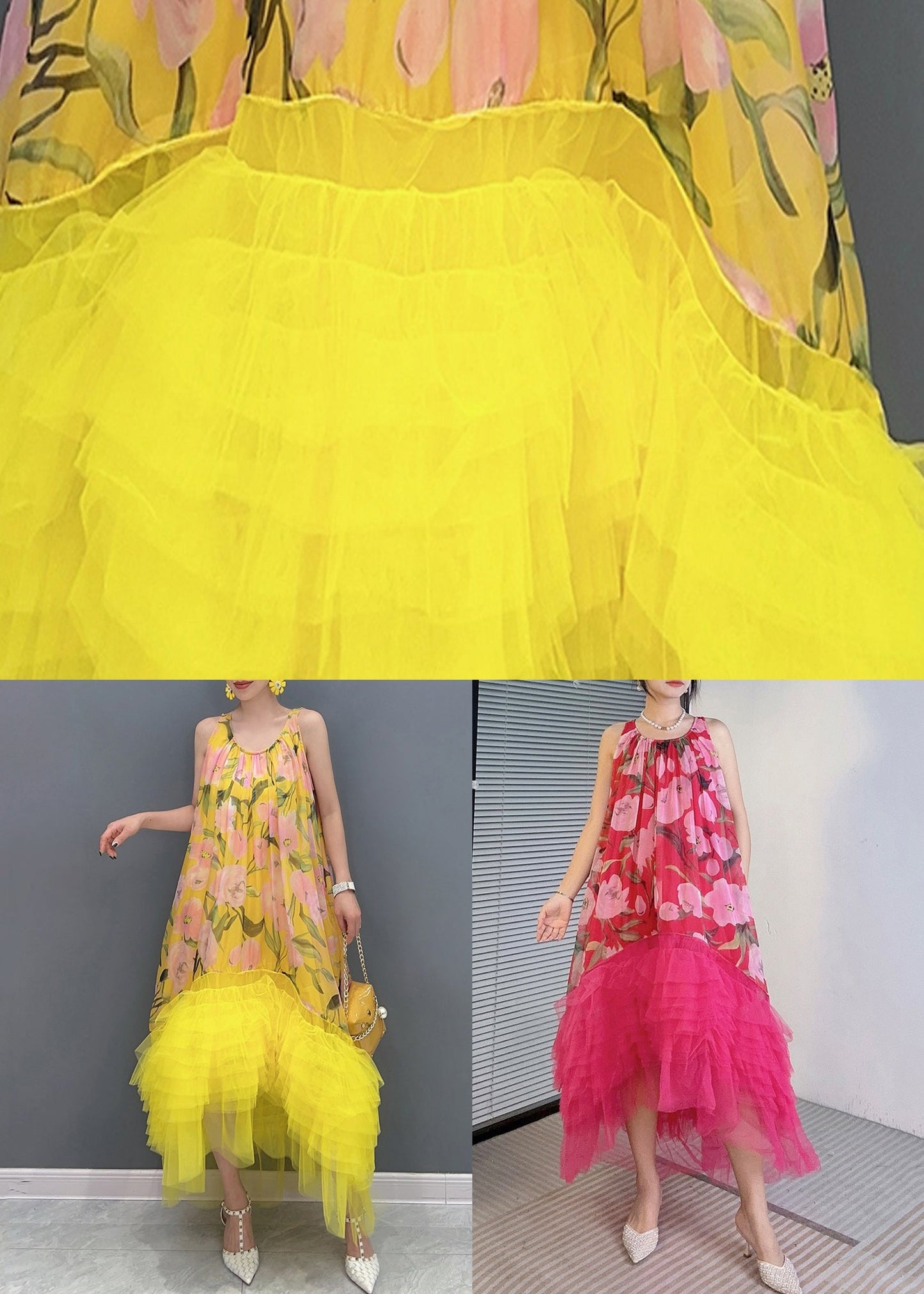 Red Asymmetrical Tulle Patchwork Dresses O-neck Summer