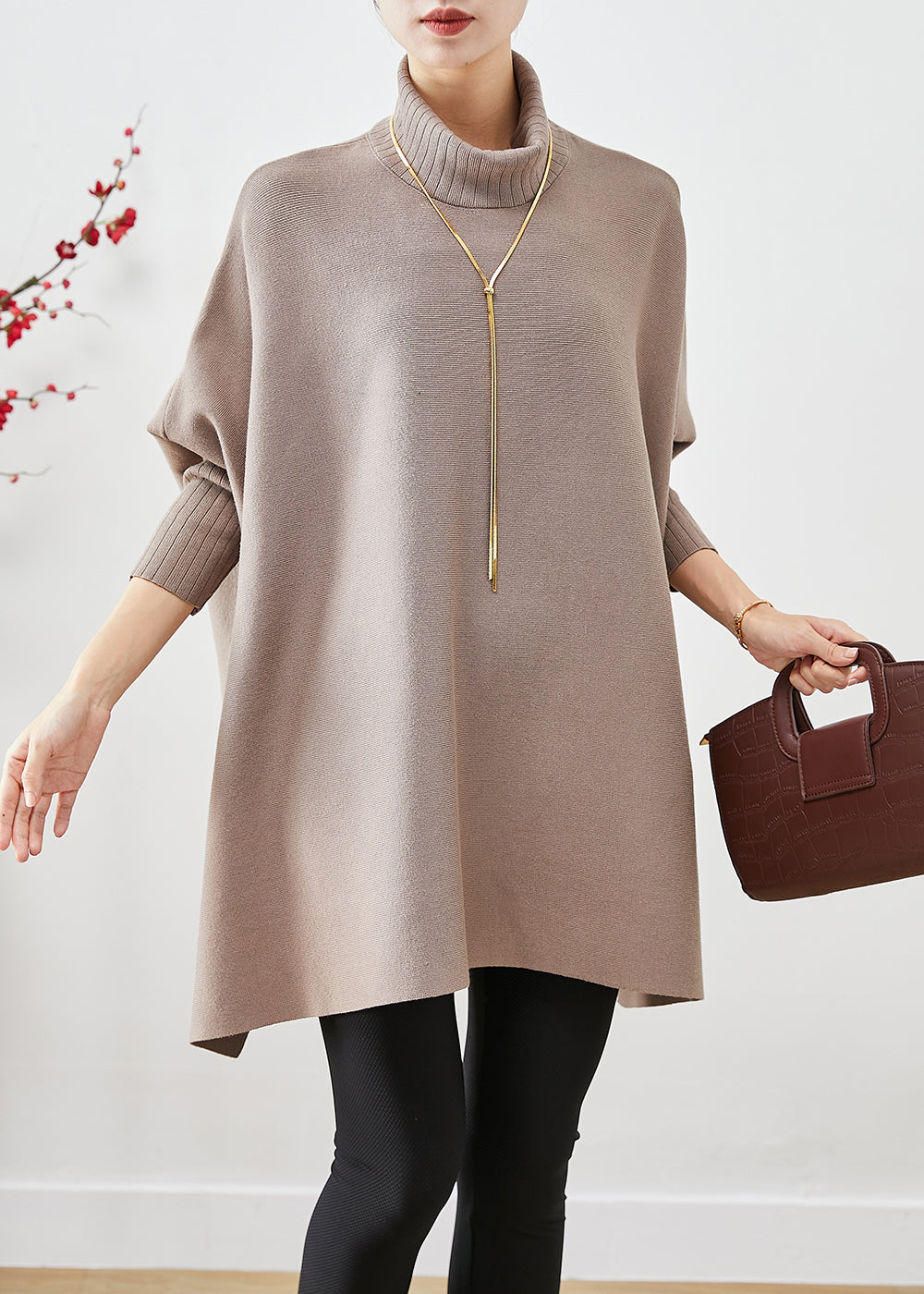 Khaki High Neck Patchwork Side Open Cotton Tops Batwing Sleeve