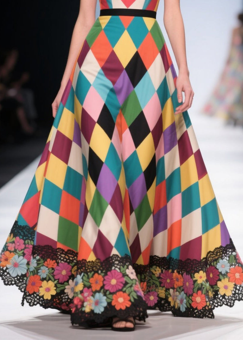 Polychrome Plaid Patchwork Lace Party Dress Summer