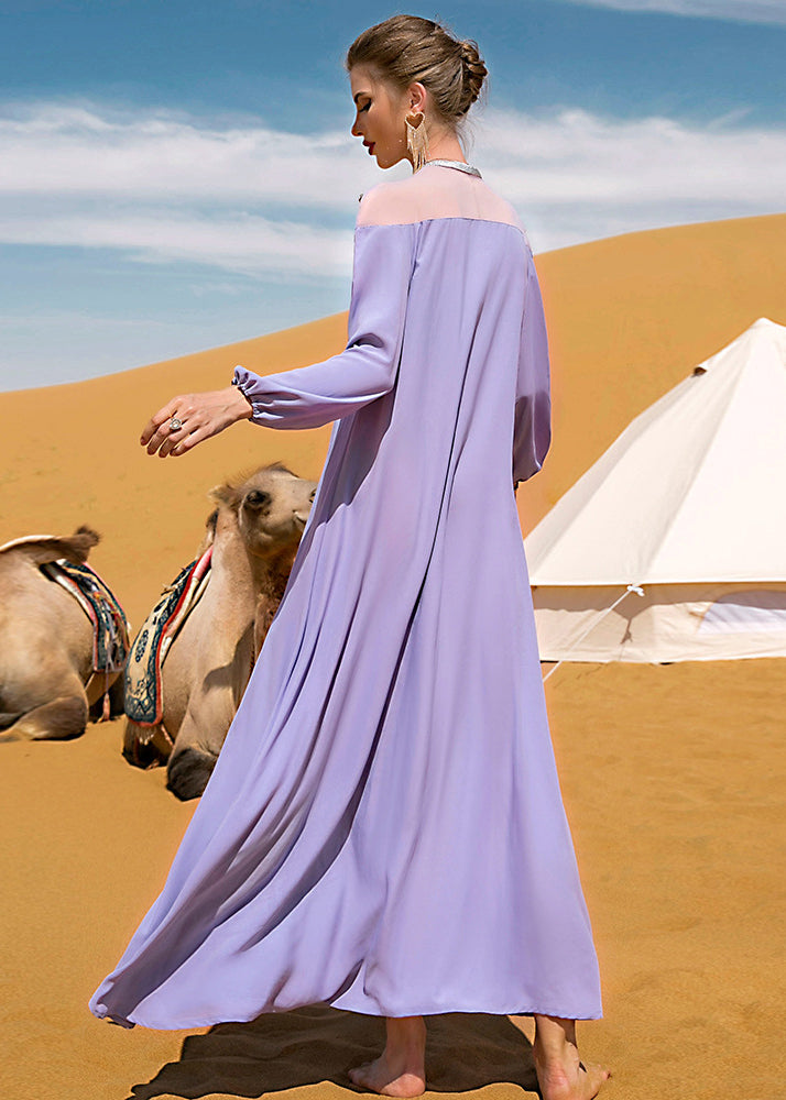 Purple O-neck Lace Patchwork Tie Waist Chiffon Long Dress Fall