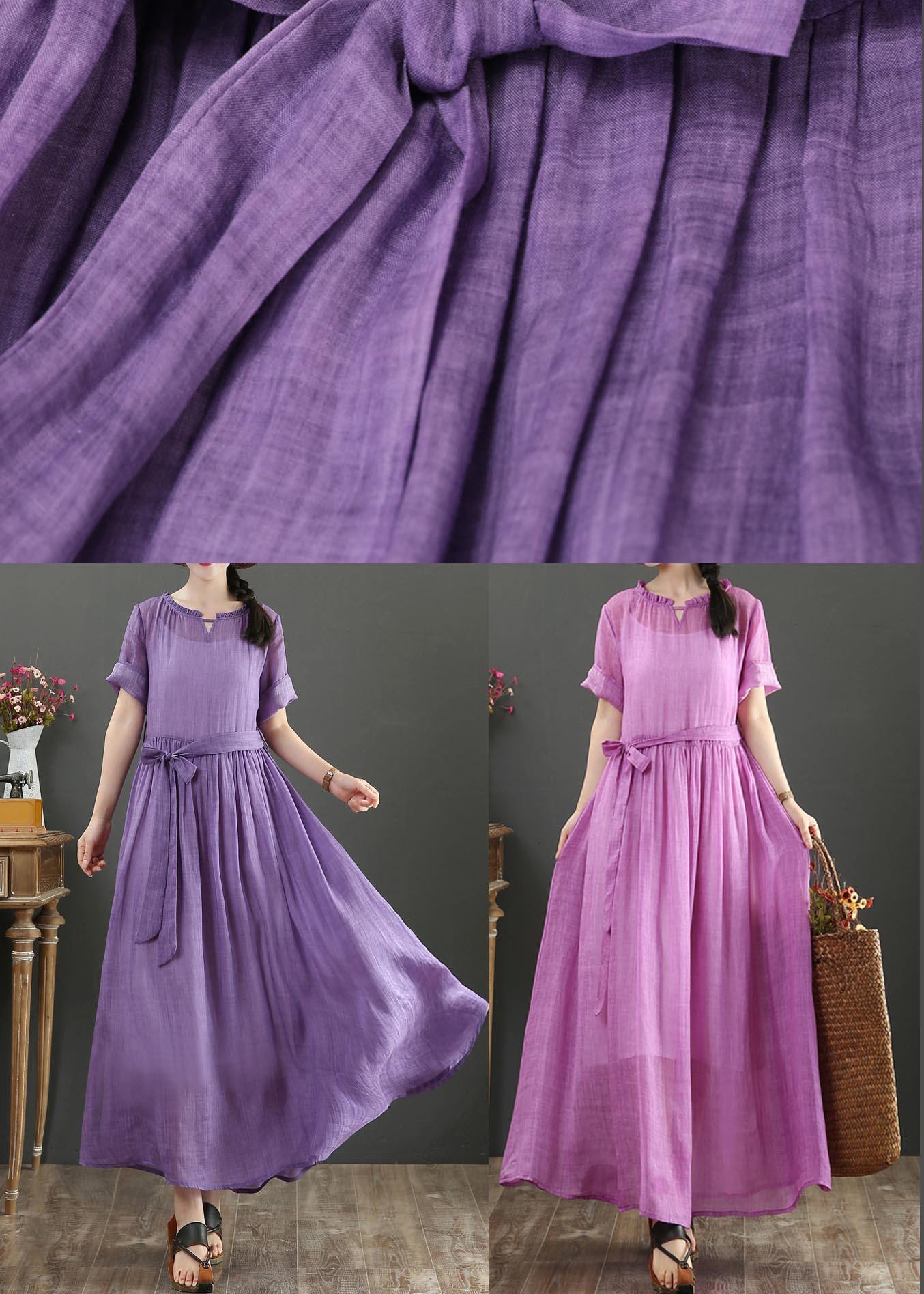 Purple Ruffled Maxi Summer Linen Dress