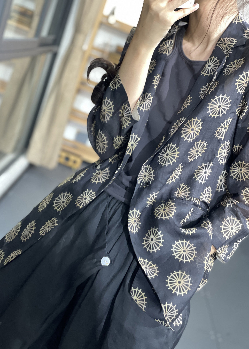 Navy Notched Print Button Coats Long Sleeve