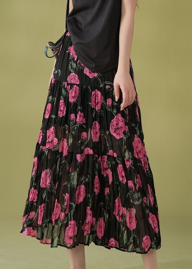 Black Wrinkled Print Patchwork Chiffon Skirts Summer