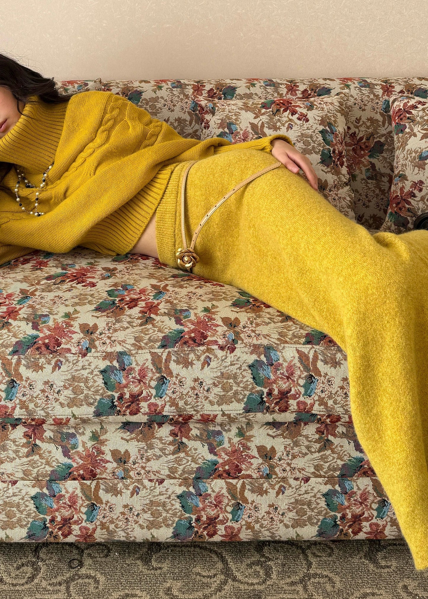 Yellow Turtleneck Patchwork Cotton Knit Sweater and Maxi Skirts Two Piece Set Fall